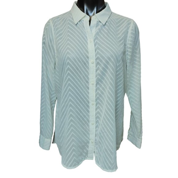 Apt.9 Essentials Women's White Long Sleeve Collared Button Up Zig Zag Top LG - Picture 1 of 4
